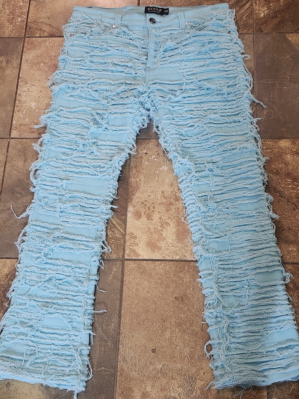 Politics Jeans Men's 36 Shredded Stacked Flare Thrashed Distressed Light Blue